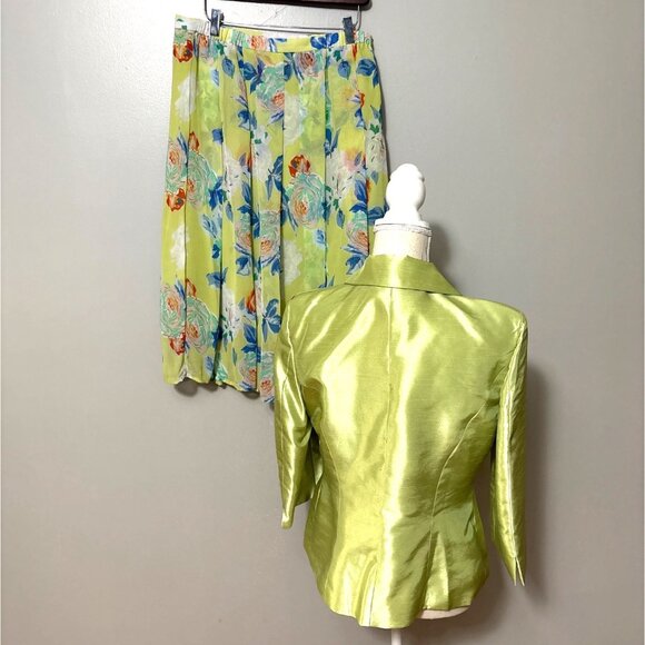 Vintage Madam X Lime Green Blazer & Floral Pleated Skirt Set M - Picture 2 of 9